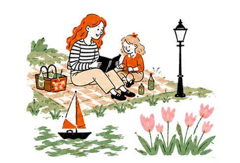 A mother and daughter sitting on a picnic blanket in a park, reading a book together. The scene includes a lantern, pink flowers, a toy sailboat, and picnic baskets.