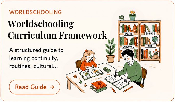 A colorful illustration featuring two children engaged in learning activities, surrounded by books, a study table, and a bookshelf labeled with subjects like Math, Science, Language, and Art. Text promotes a guide on worldschooling curriculum framework.