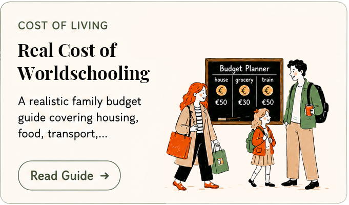 An illustration depicting a family with a mother, a boy, and a girl standing next to a budget planner board displaying costs for housing, groceries, and transport, with the title 'Real Cost of Worldschooling' and a 'Read Guide' button.