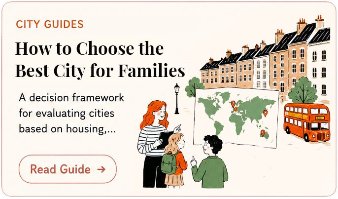 Illustration promoting a guide on how to choose the best city for families, featuring a woman and two children looking at a map with a cityscape in the background.