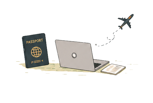 A passport, a laptop, and a notepad with an airplane taking off, symbolizing travel and remote work.