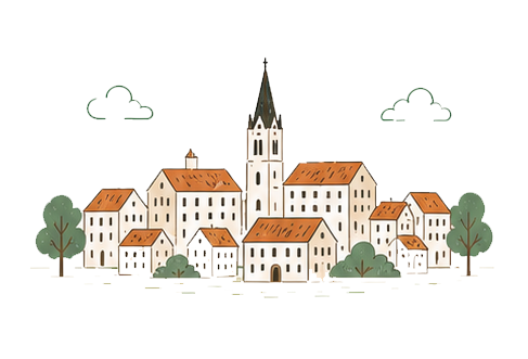 Illustration of a small village with various houses, a prominent church tower, trees, and clouds.