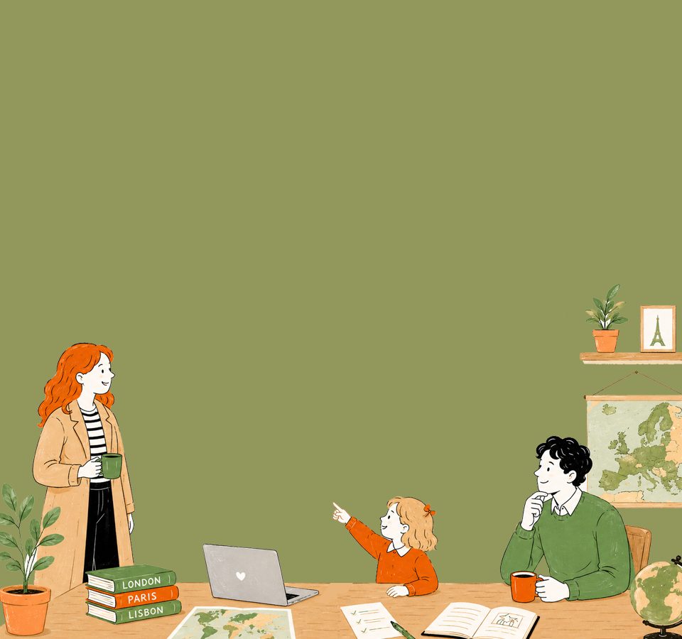 A scene depicting a woman with red hair holding a green mug, a young girl in an orange sweater pointing excitedly, and a man in a green sweater thinking while holding a cup. The background features books on London, Paris, and Lisbon, alongside a laptop and a map on the table.